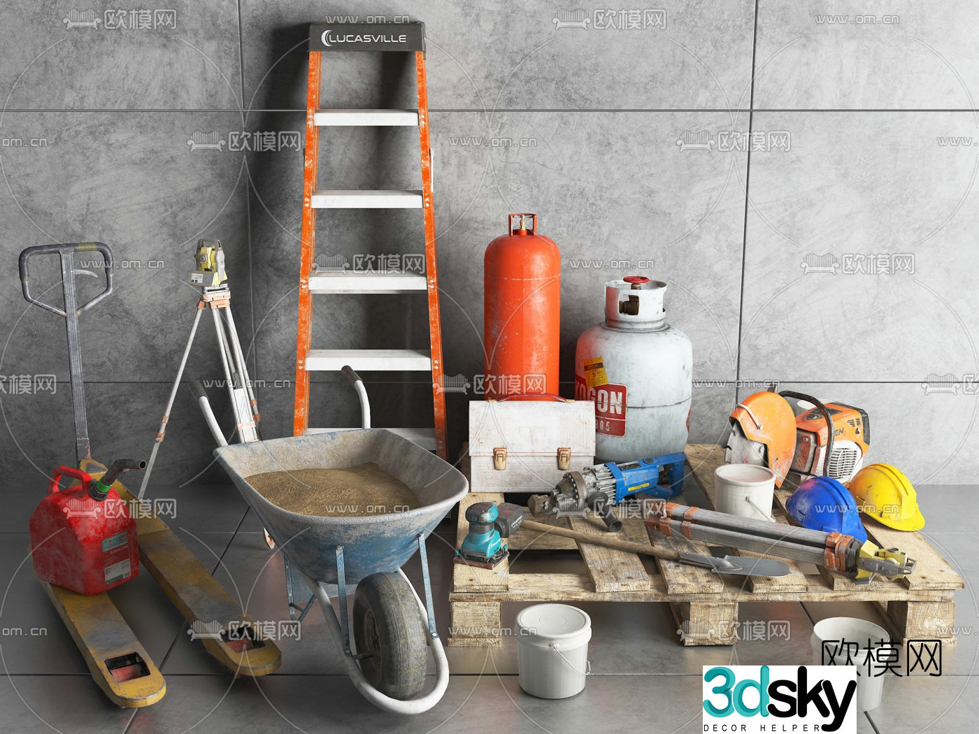 Modern cutting electromechanical pickaxe ladder level construction site tool combination 3d model