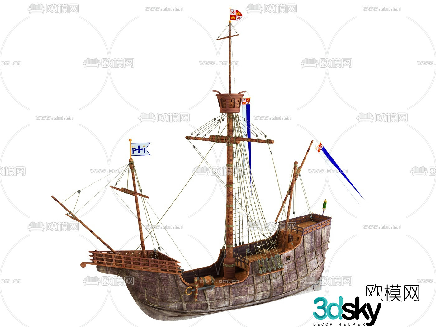 European retro wooden boat 3D model