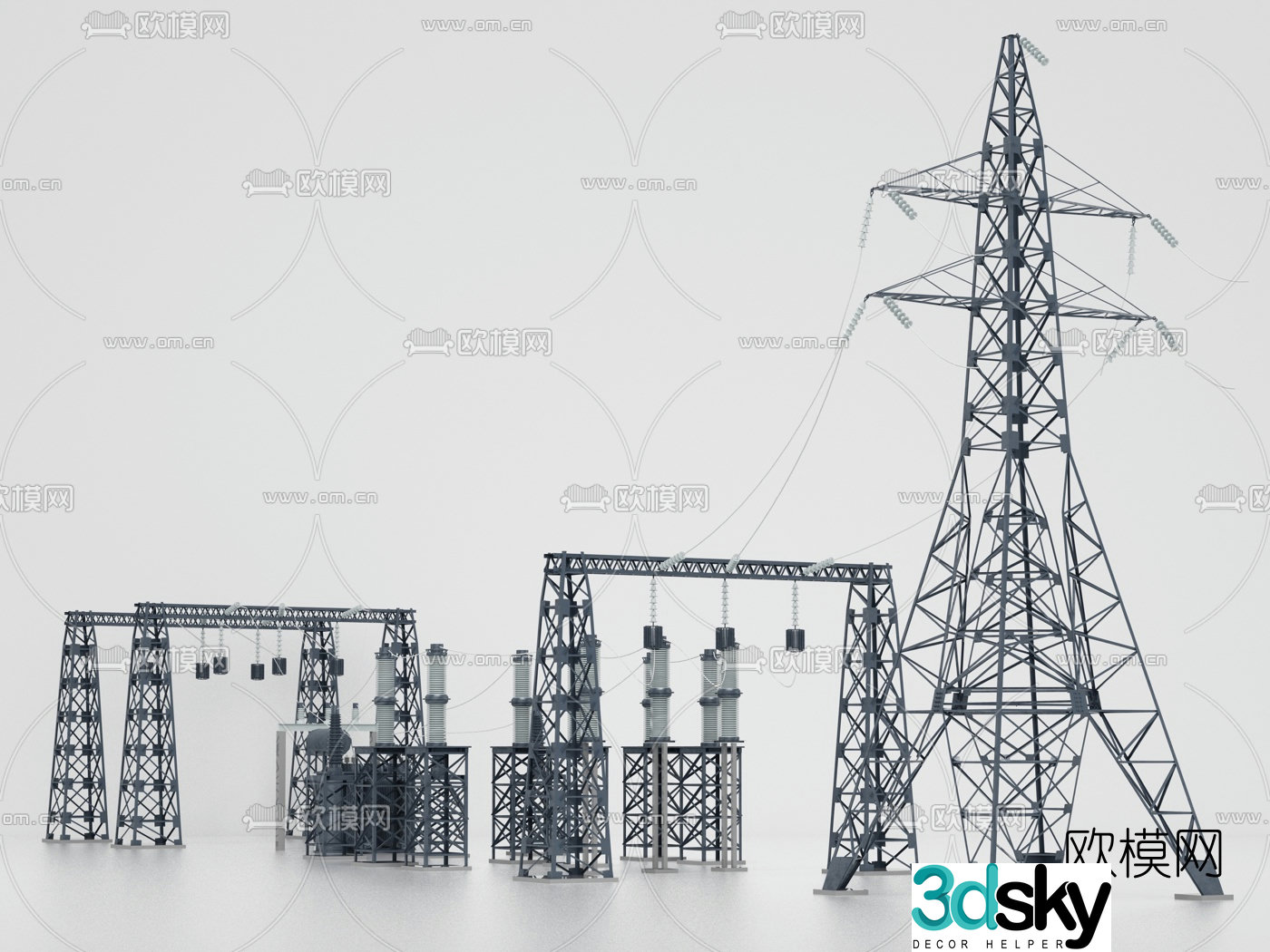 Modern high voltage transmission line power facility 3d model