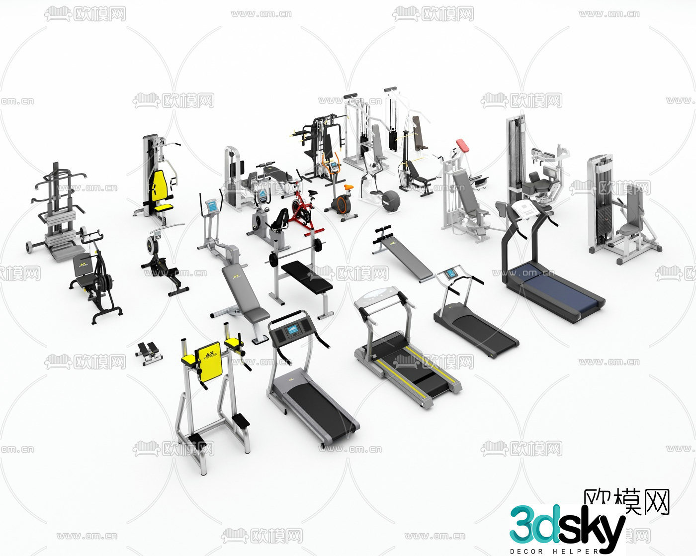 Modern treadmill fitness equipment combination 3d model