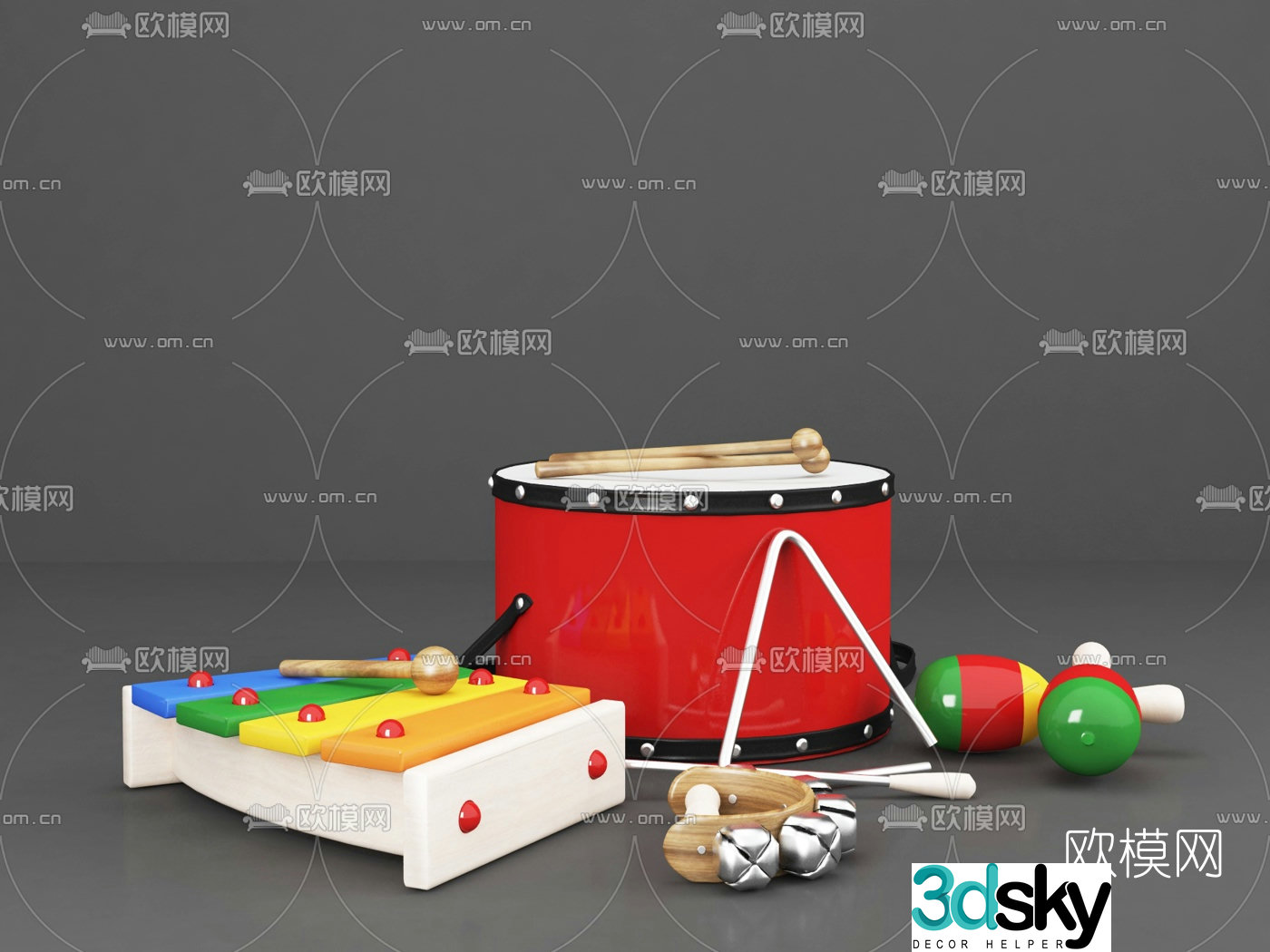 Modern children’s gong drum and rattle toy 3d model