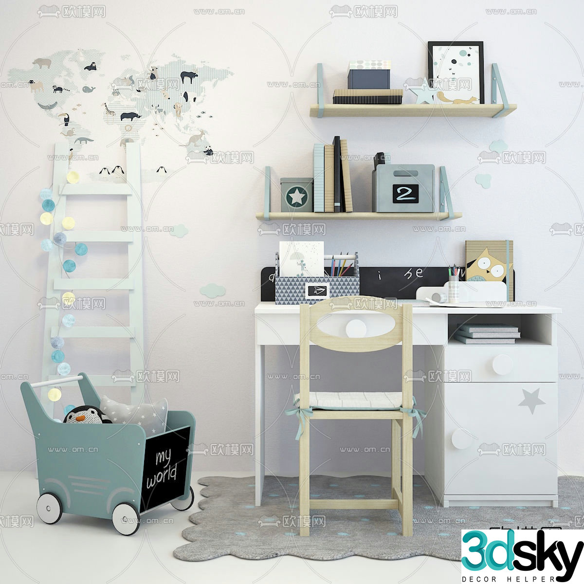 Modern children’s room desk and chair combination 3d model