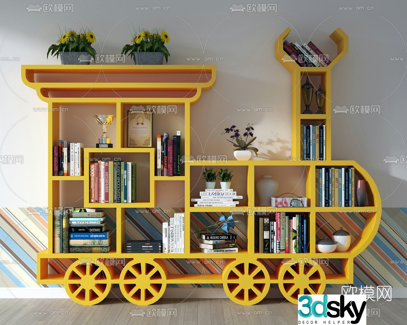 Modern train-shaped children’s bookcase 3D model