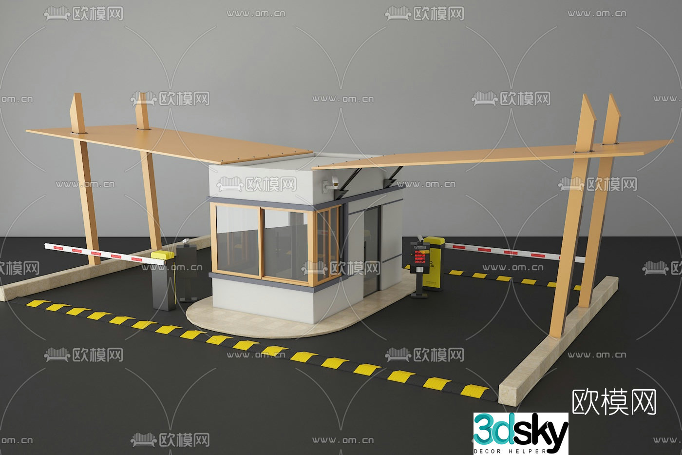 Modern security booth access control booth parking lot gate fence 3d model