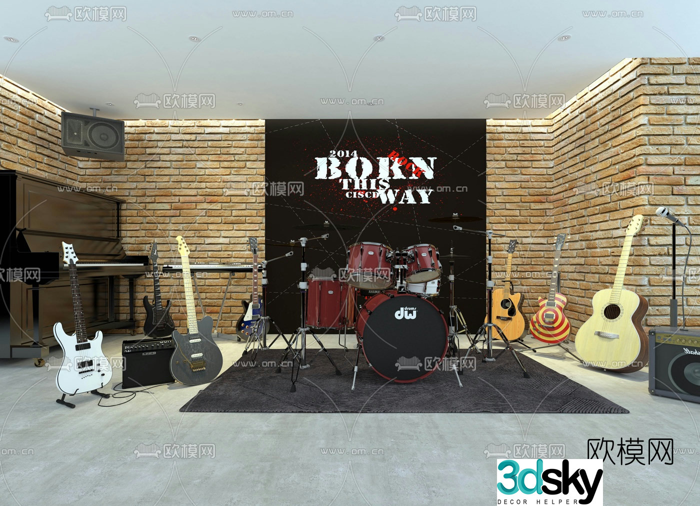 Modern guitar drums piano 3d model