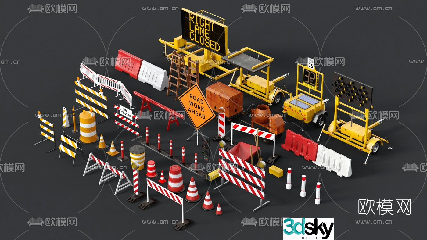 Modern construction roadblock warning sign 3d model