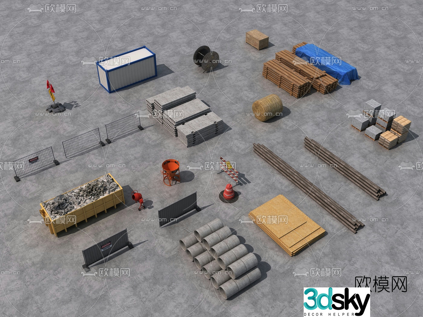 Modern cable sewer pipe scaffolding construction site material 3d model