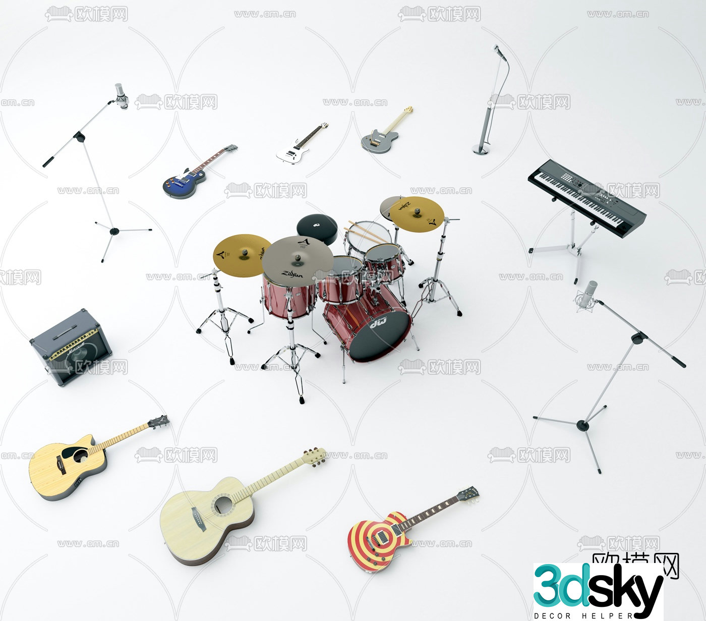 Modern guitar drums piano microphone musical instrument combination 3d model
