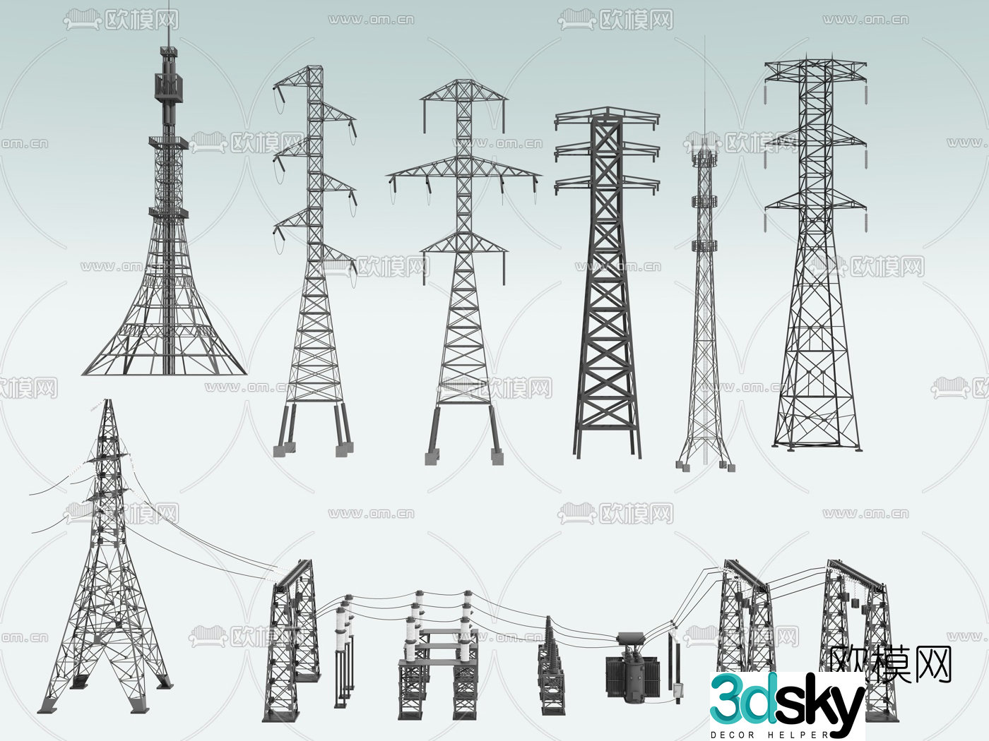 Modern high voltage transmission line power facility 3d model