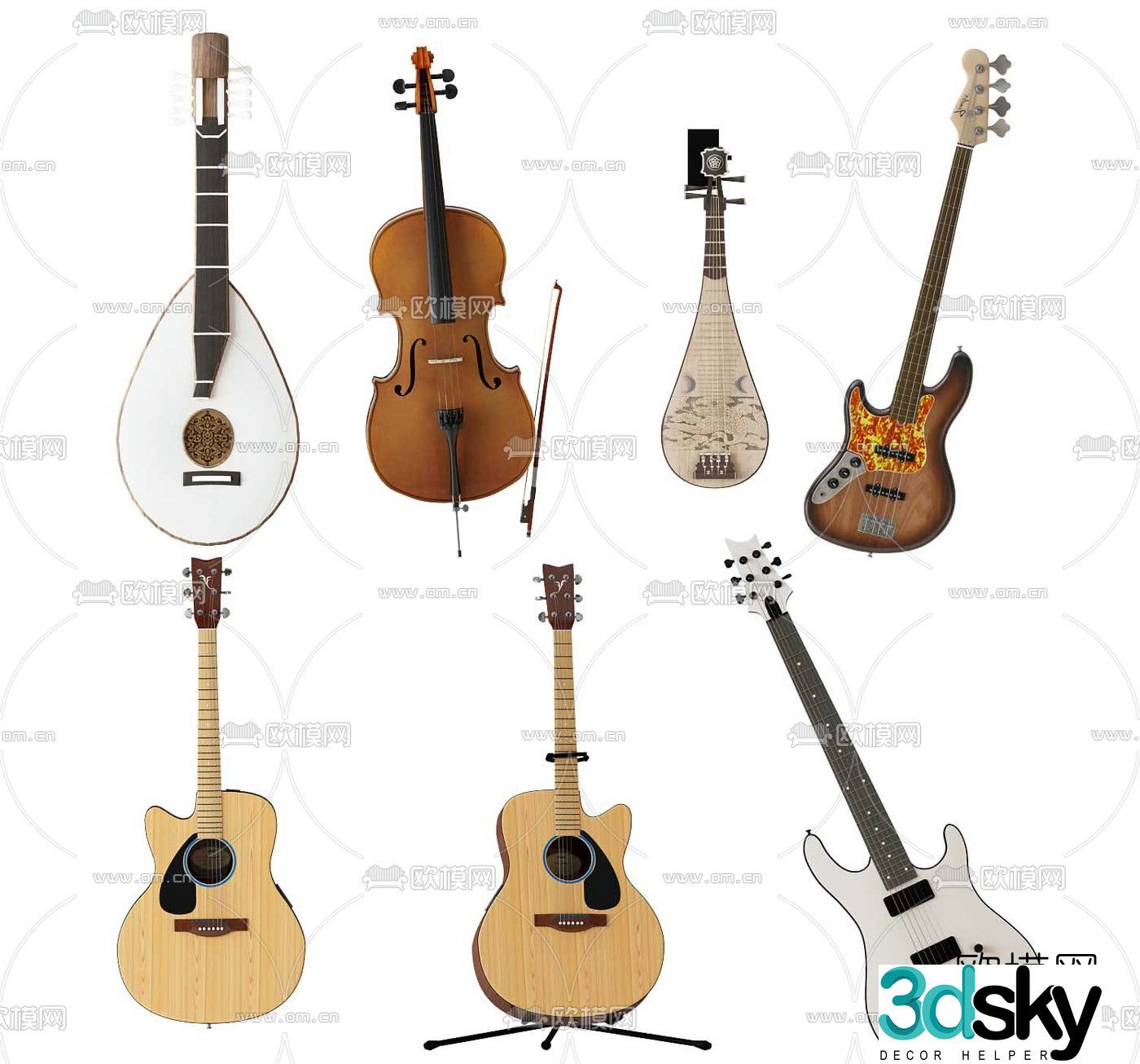 Modern guitar lute musical instrument 3d model