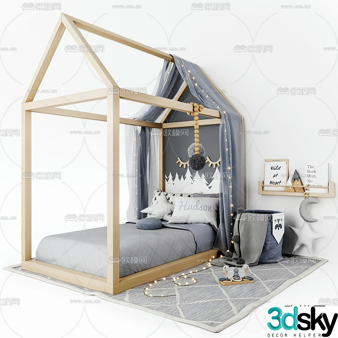Nordic wooden frame bed children’s bed 3d model