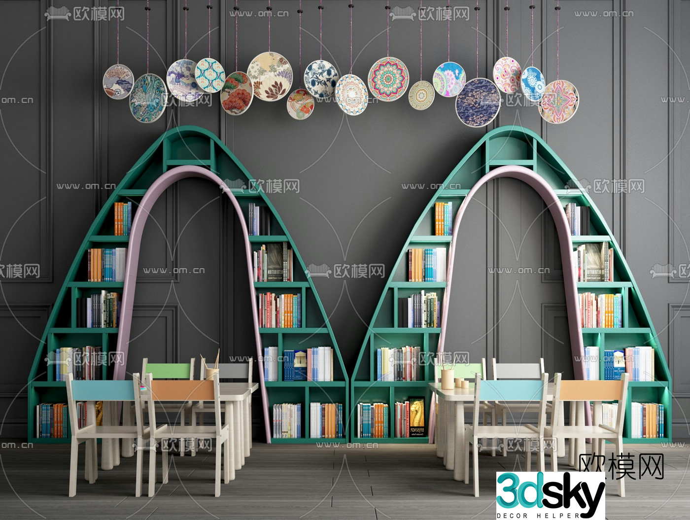 Modern children’s desk chair and bookshelf 3d model