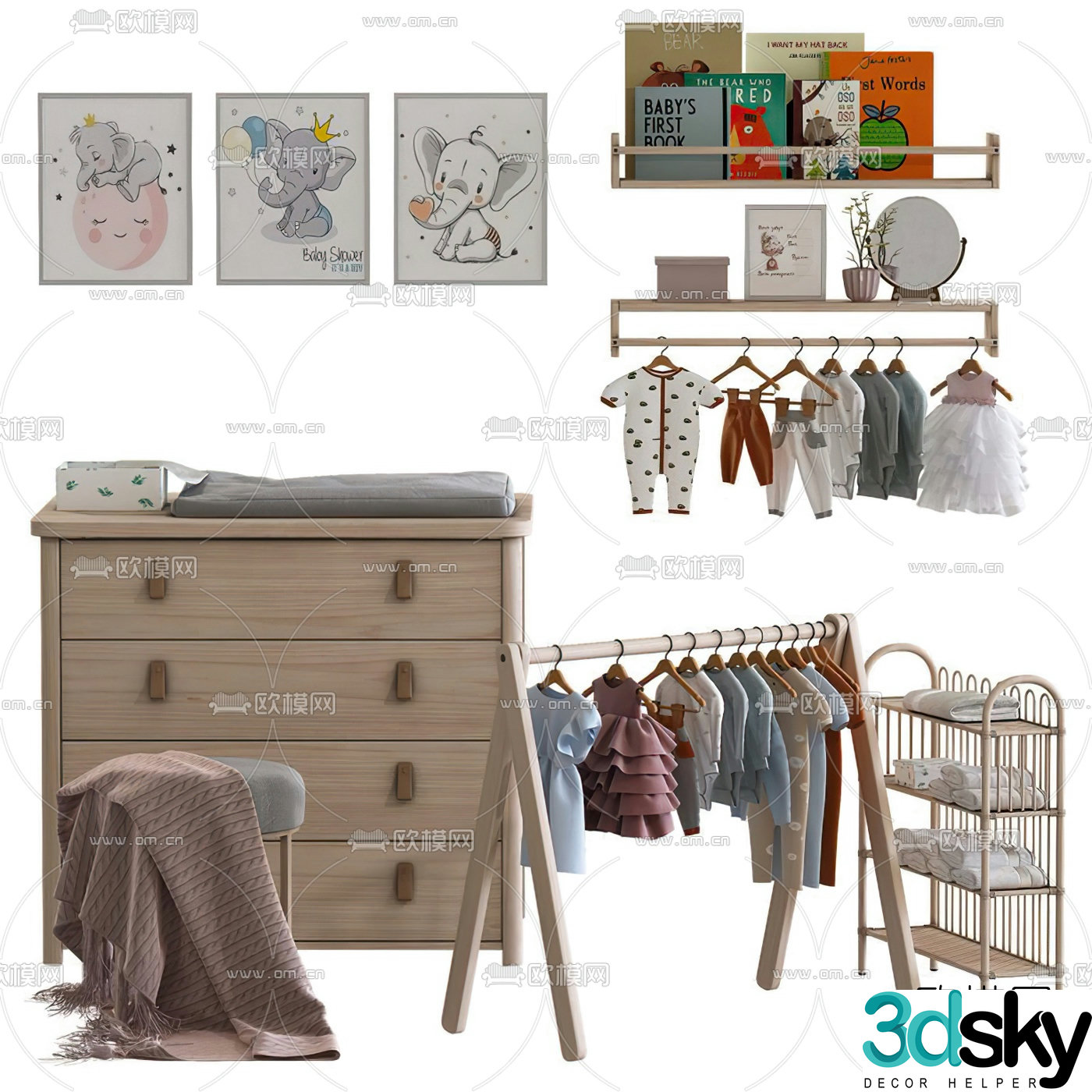 Modern children’s clothes hanger wardrobe wall shelf 3d model