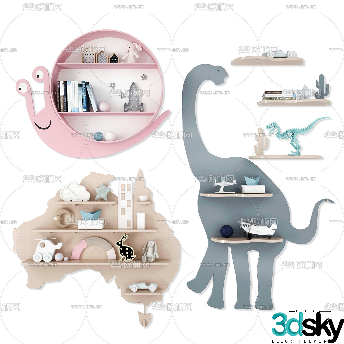 Nordic children cartoon wall hanging bookshelf hanging rack 3d model