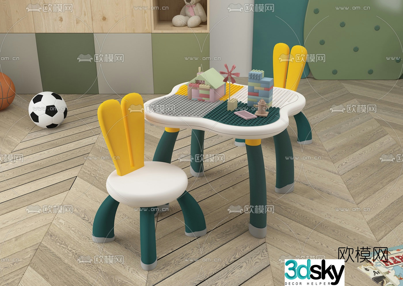 Modern plastic children’s building blocks table and chairs 3d model