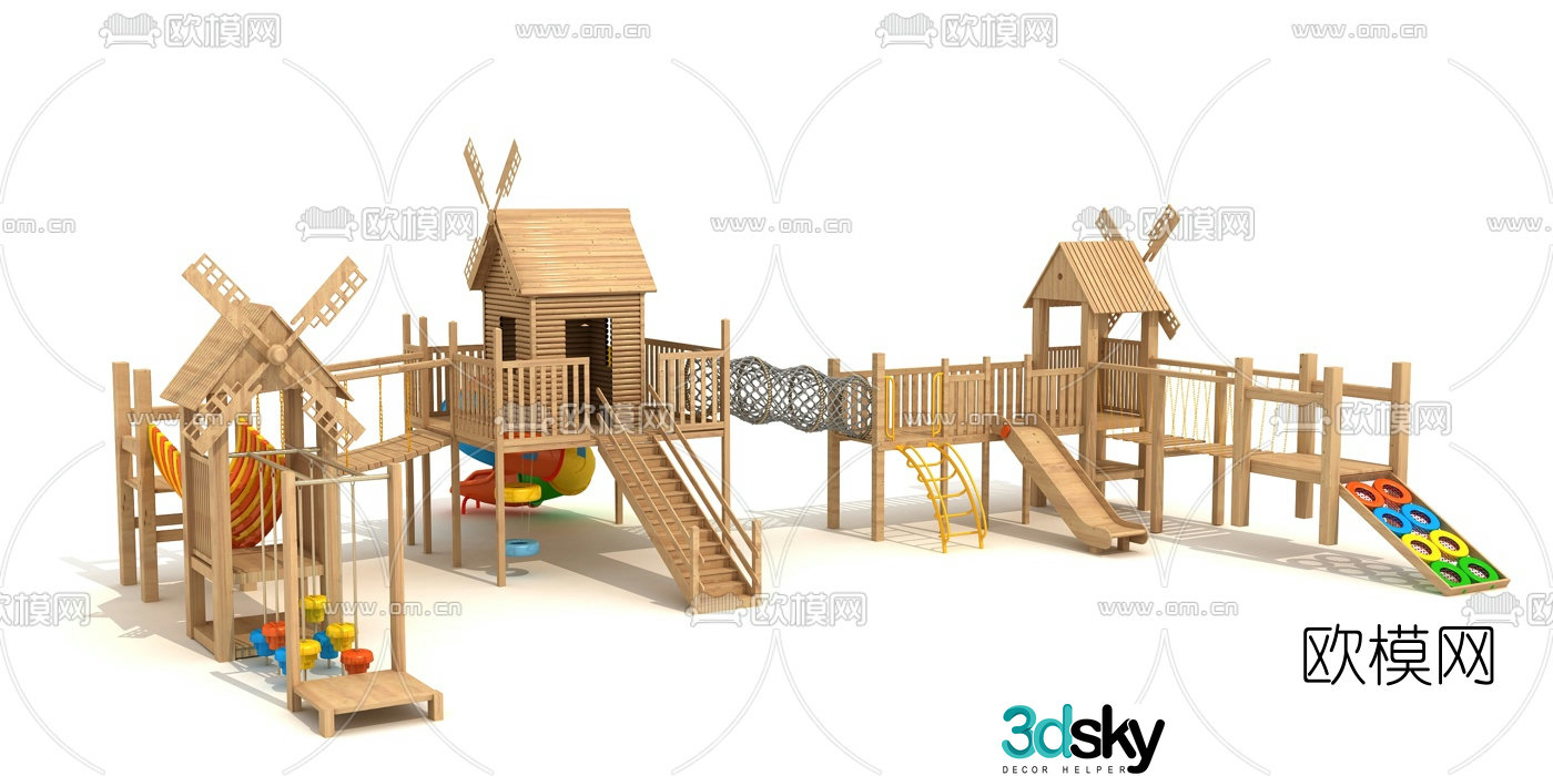 Modern wooden house children's slide play equipment 3d model