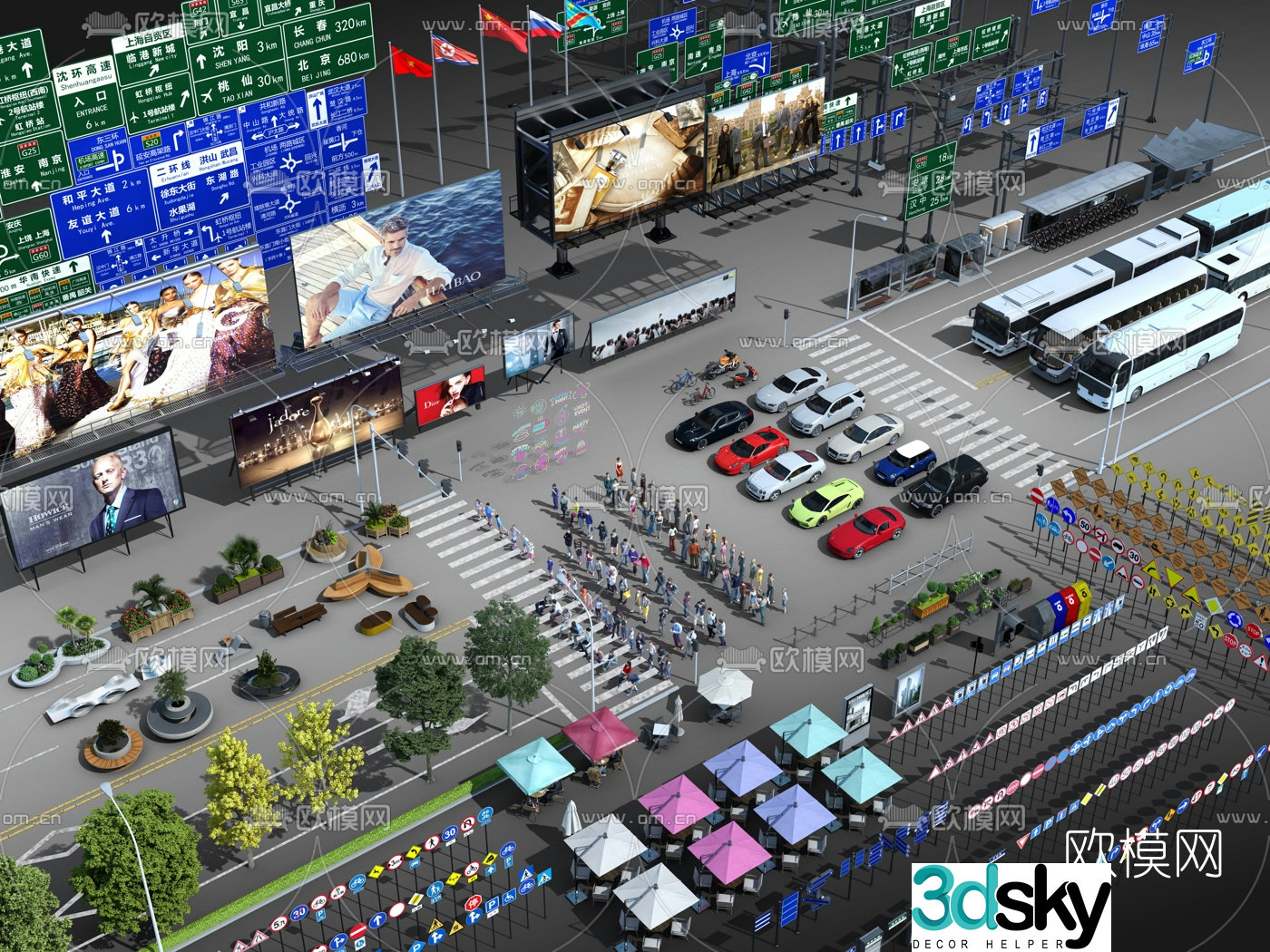 Modern car character road facility street light billboard 3d model