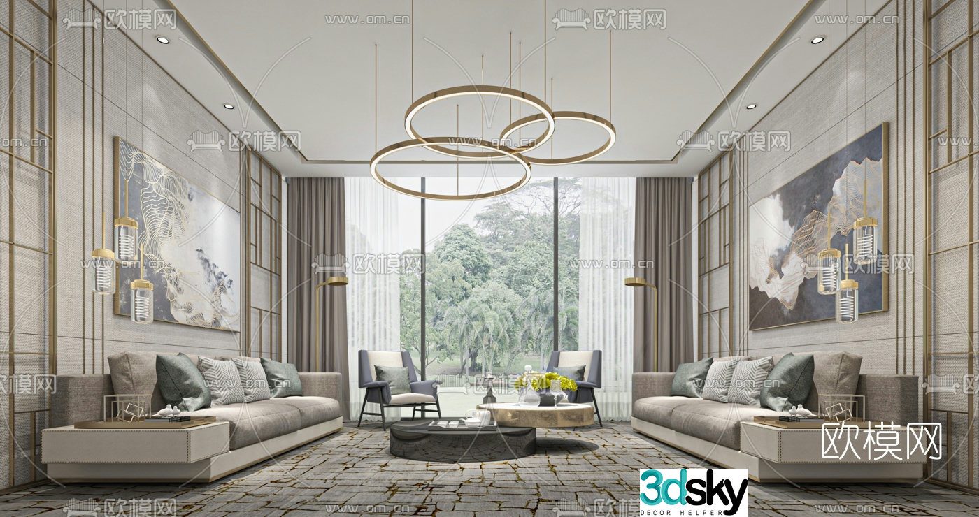 3D model of modern light luxury hotel club reception room