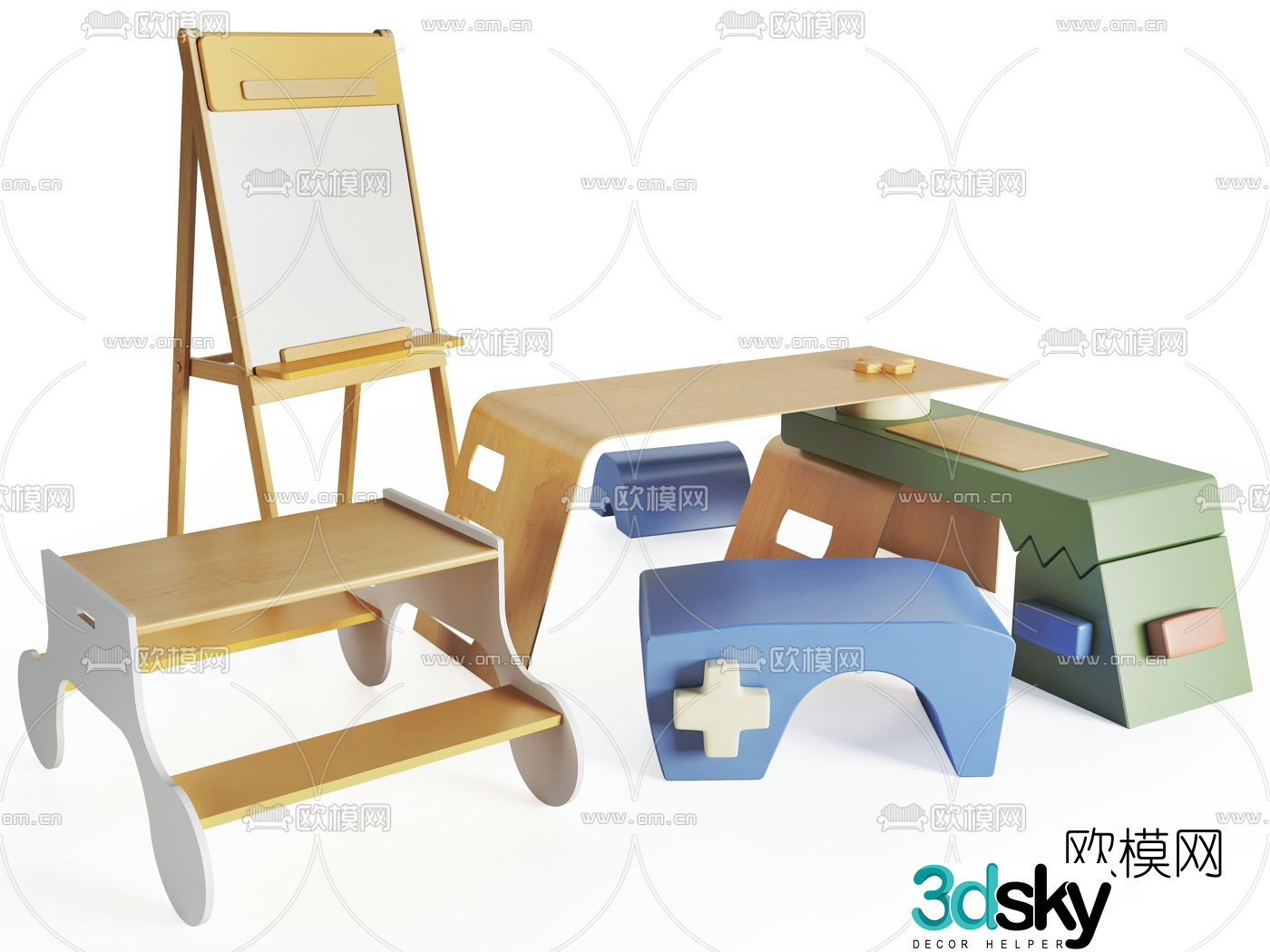 Modern children’s desk and chair writing pad 3d model