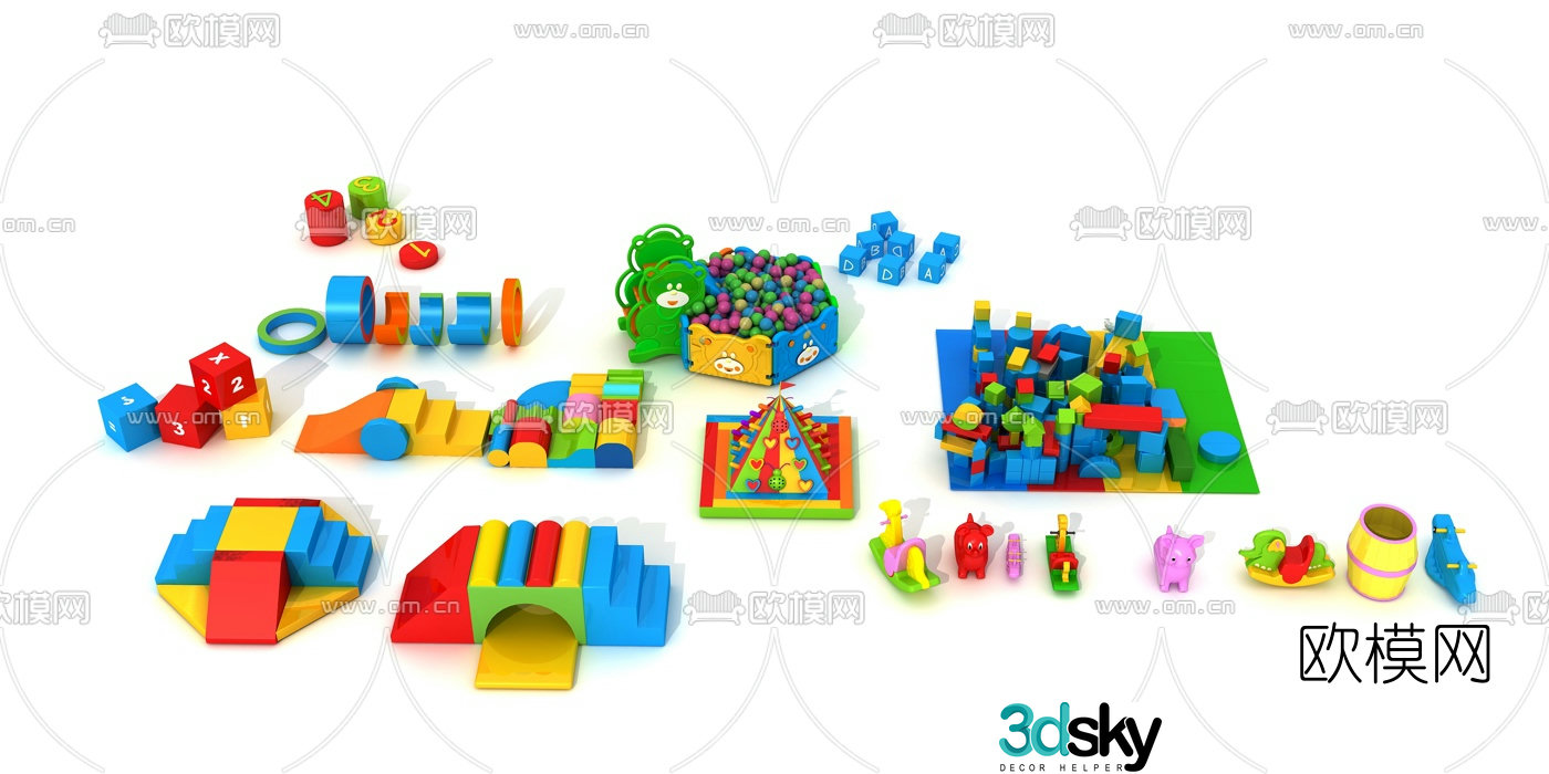 Modern building block toy rocking horse small slide 3d model