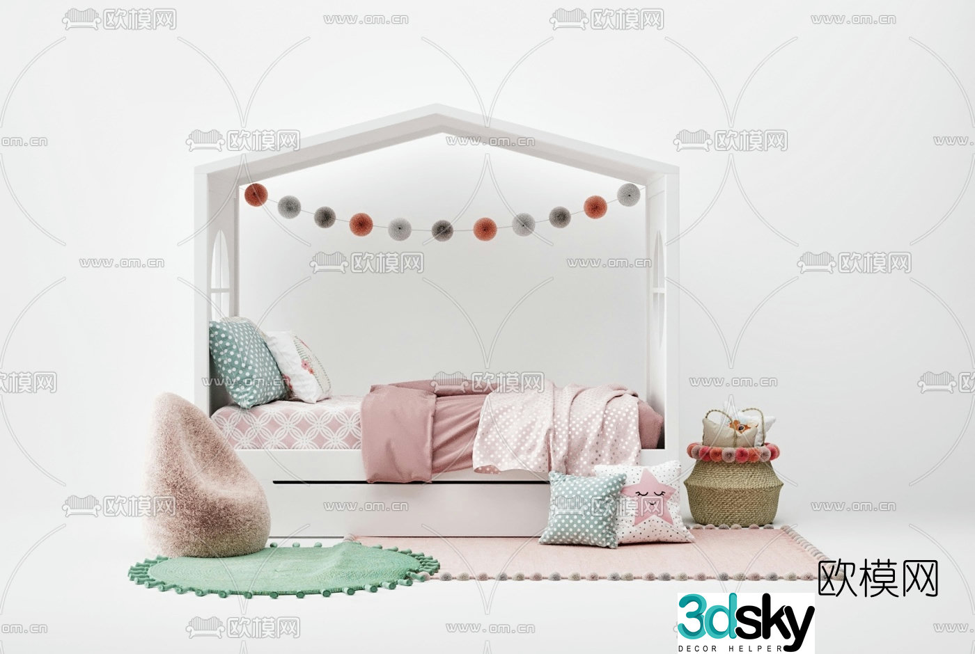Nordic solid wood children’s bed 3d model