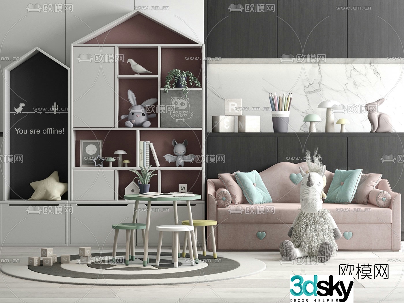 Modern children’s bookcase table chair sofa 3d model