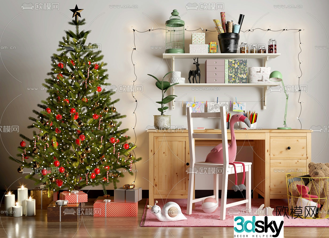 Modern desk school supplies Christmas tree 3d model
