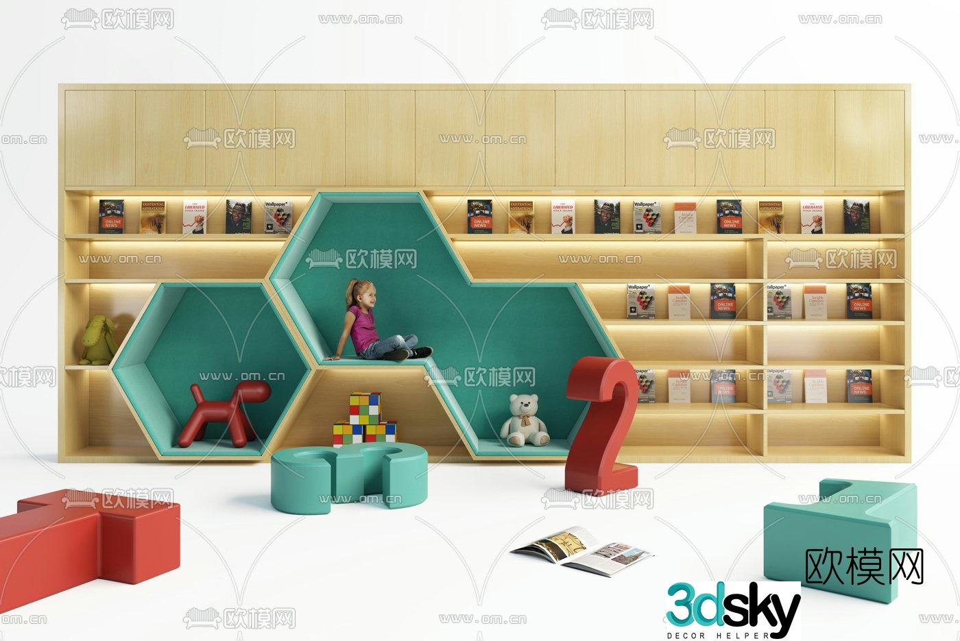 Modern children’s reading area bookcase 3d model