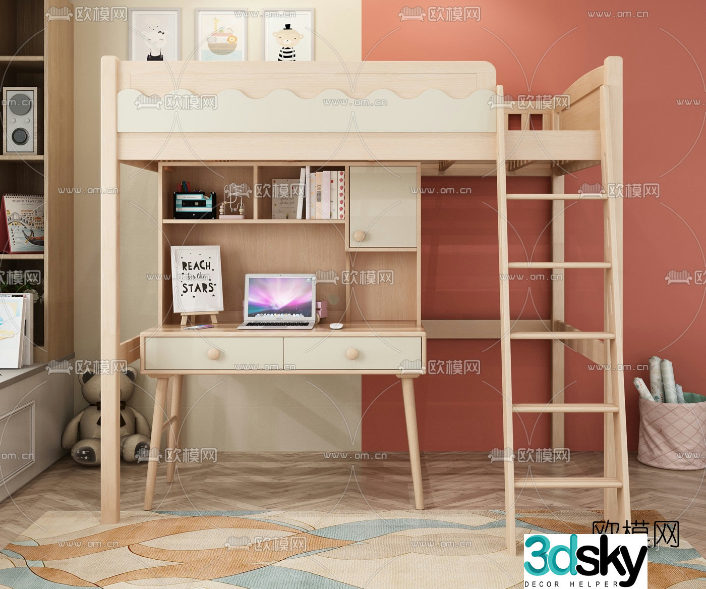 Nordic log children’s bed desk 3D model