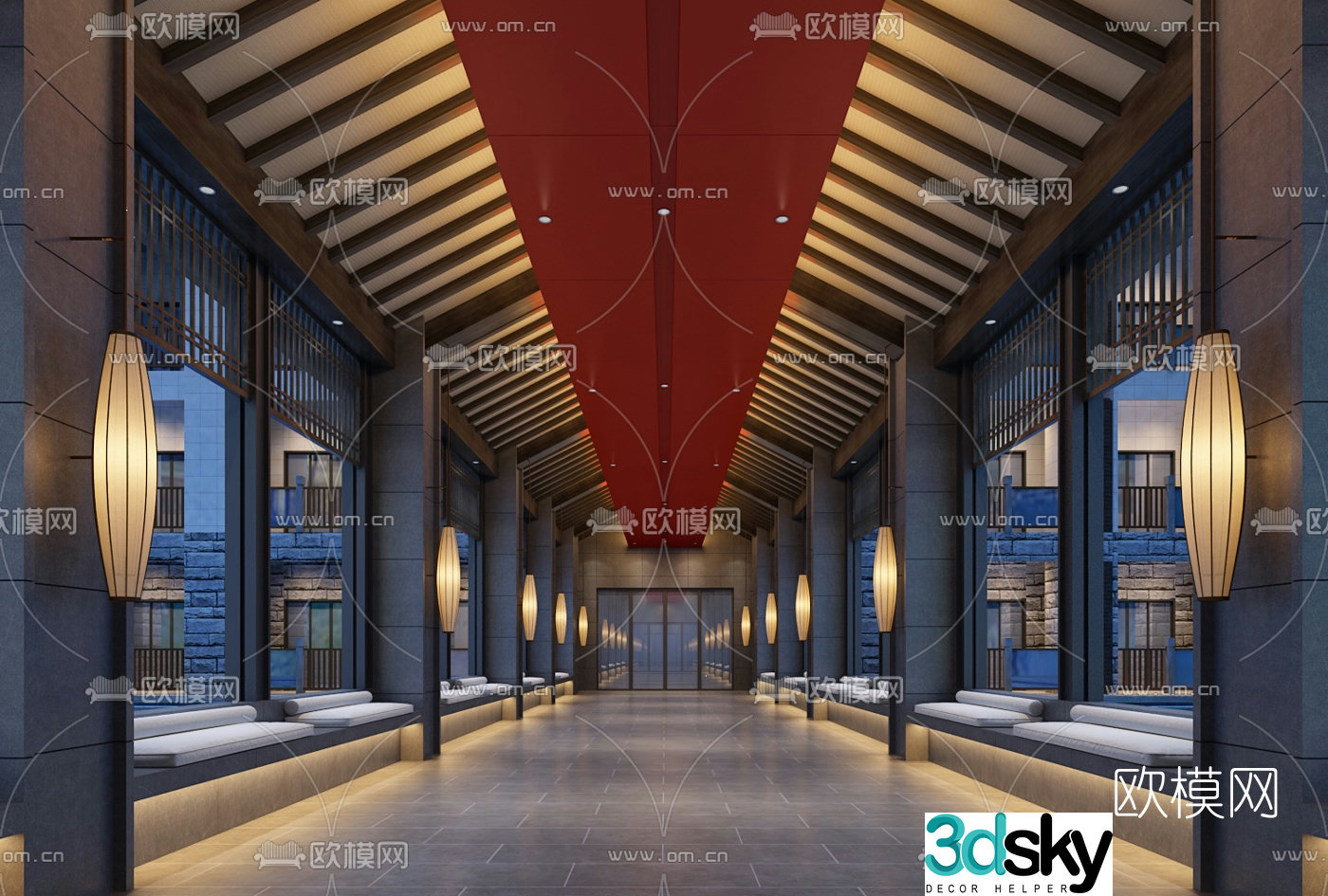 New Chinese-style hotel courtyard corridor 3D model