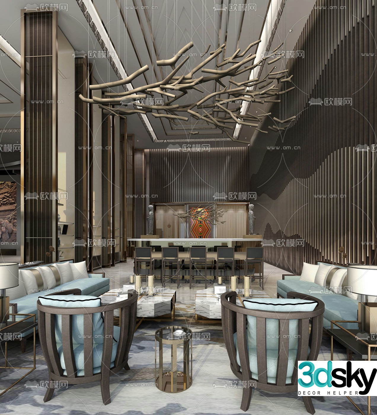 New Chinese-style hotel lobby bar seating area 3D model