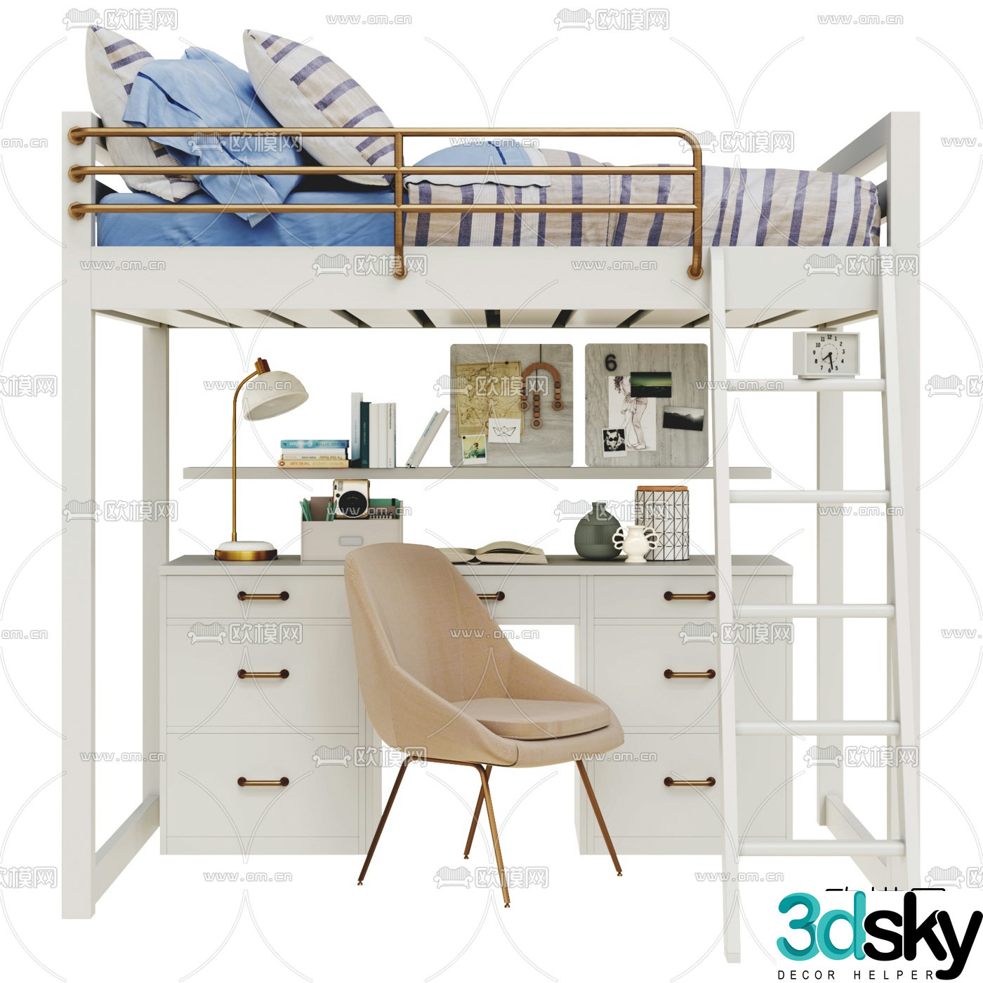 Modern children’s double bed desk chair 3d model