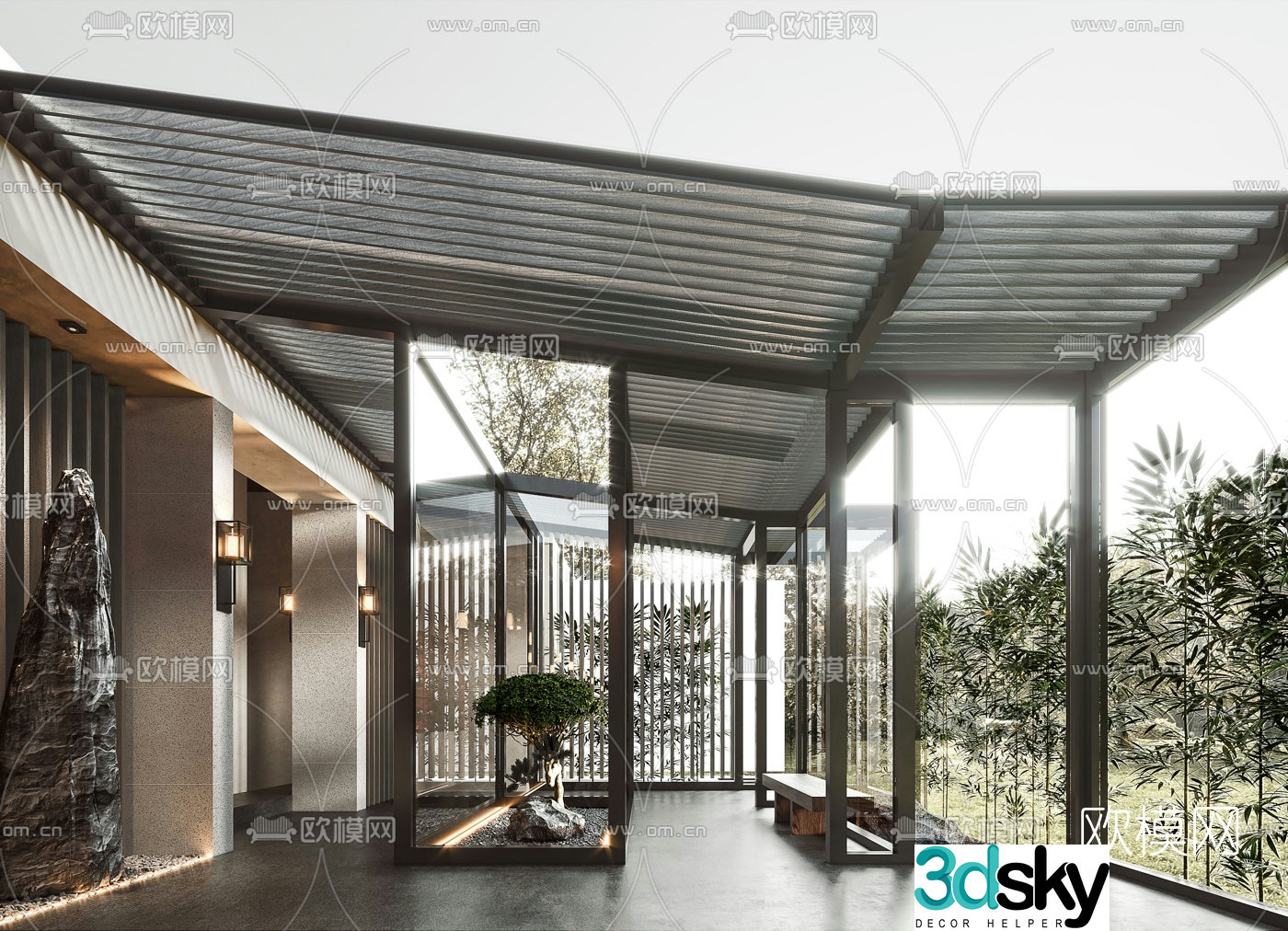 New Chinese style light luxury hotel club foyer 3D model