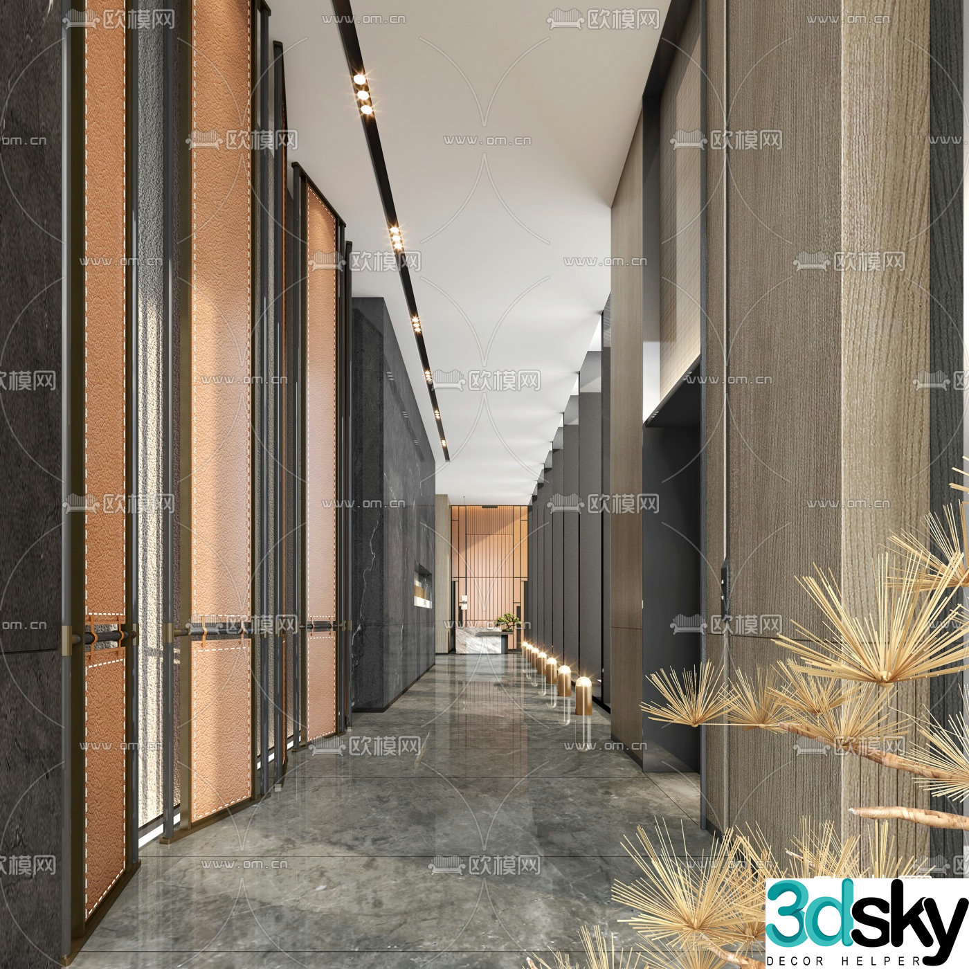 New Chinese-style hotel corridor elevator hall 3D model