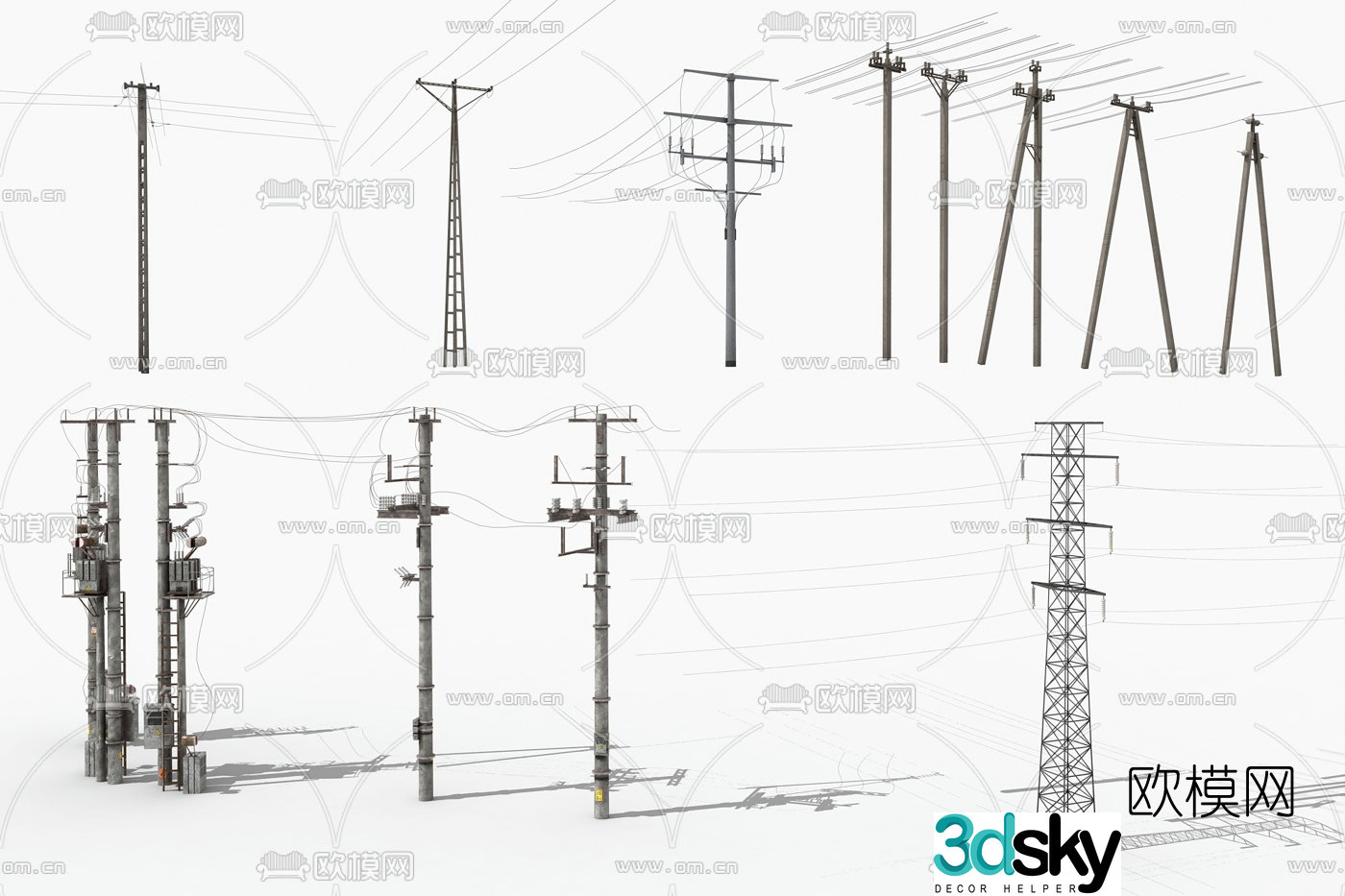 Modern high voltage power line tower pole 3d model