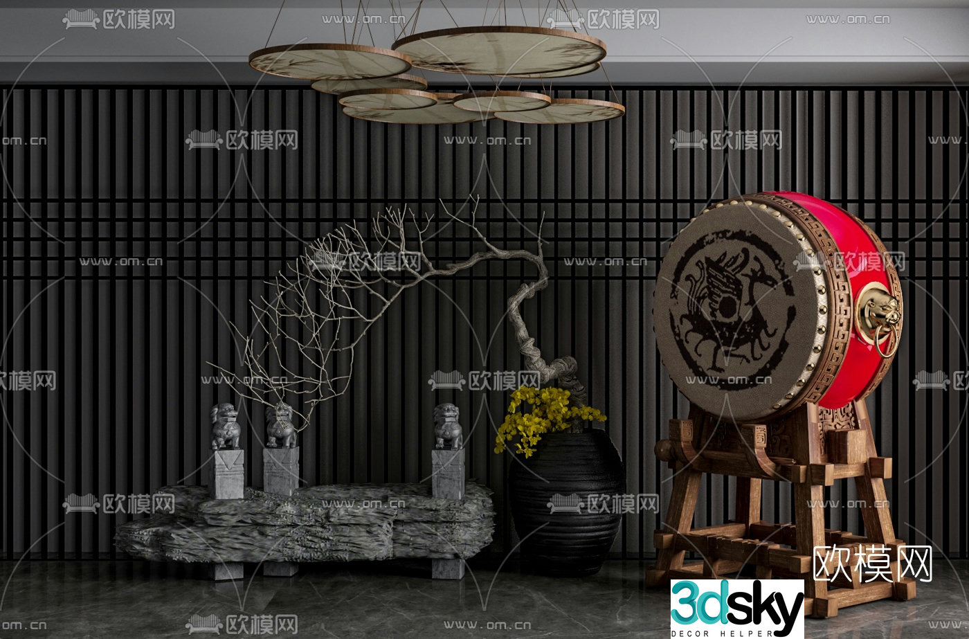 New Chinese style drum stone lion landscape sketch 3D model