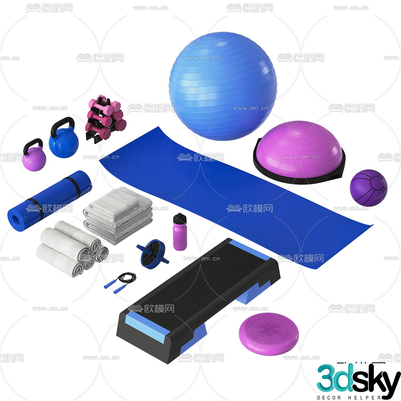 Modern yoga fitness accessories combination 3d model