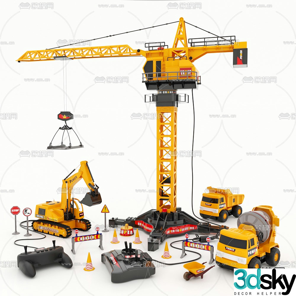 Modern toy tower crane excavator mixer truck 3d model