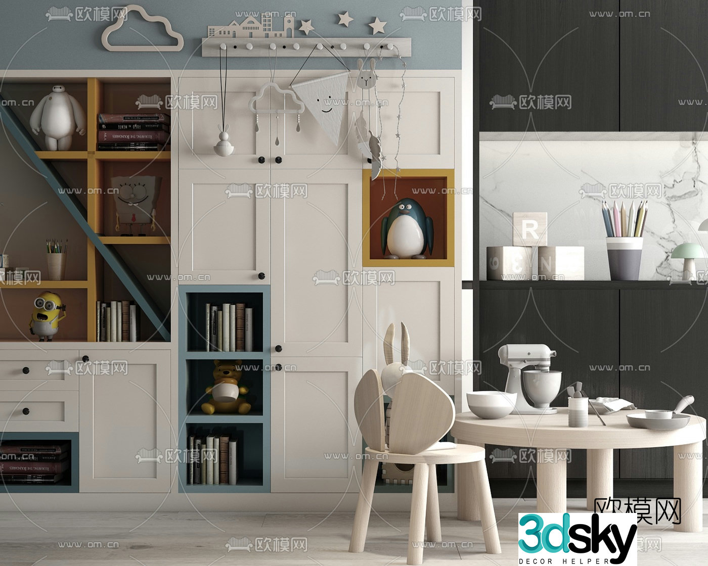 Modern children’s decorative cabinet children’s table and chairs 3d model