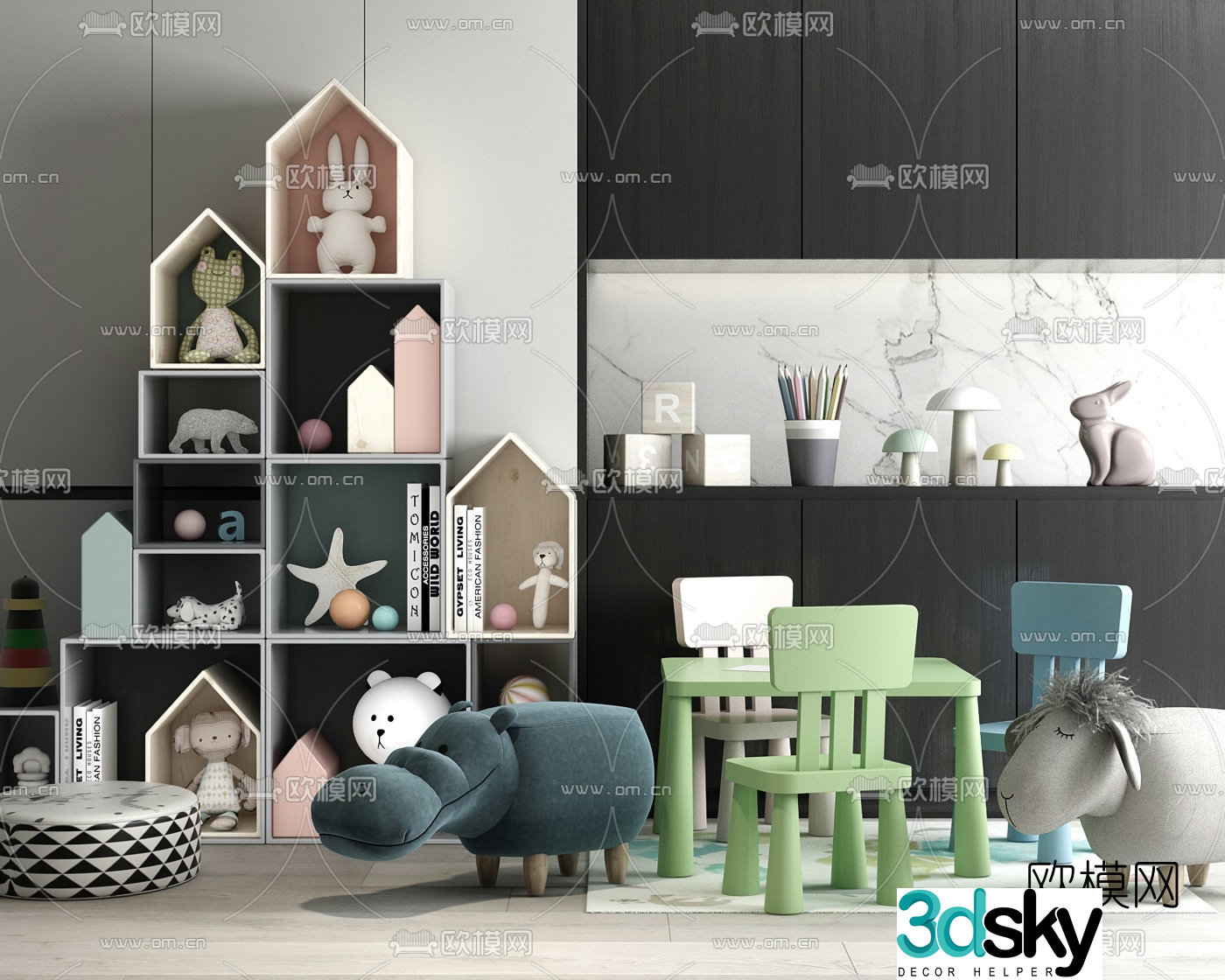 Modern children’s cabinet children’s table and chairs 3d model