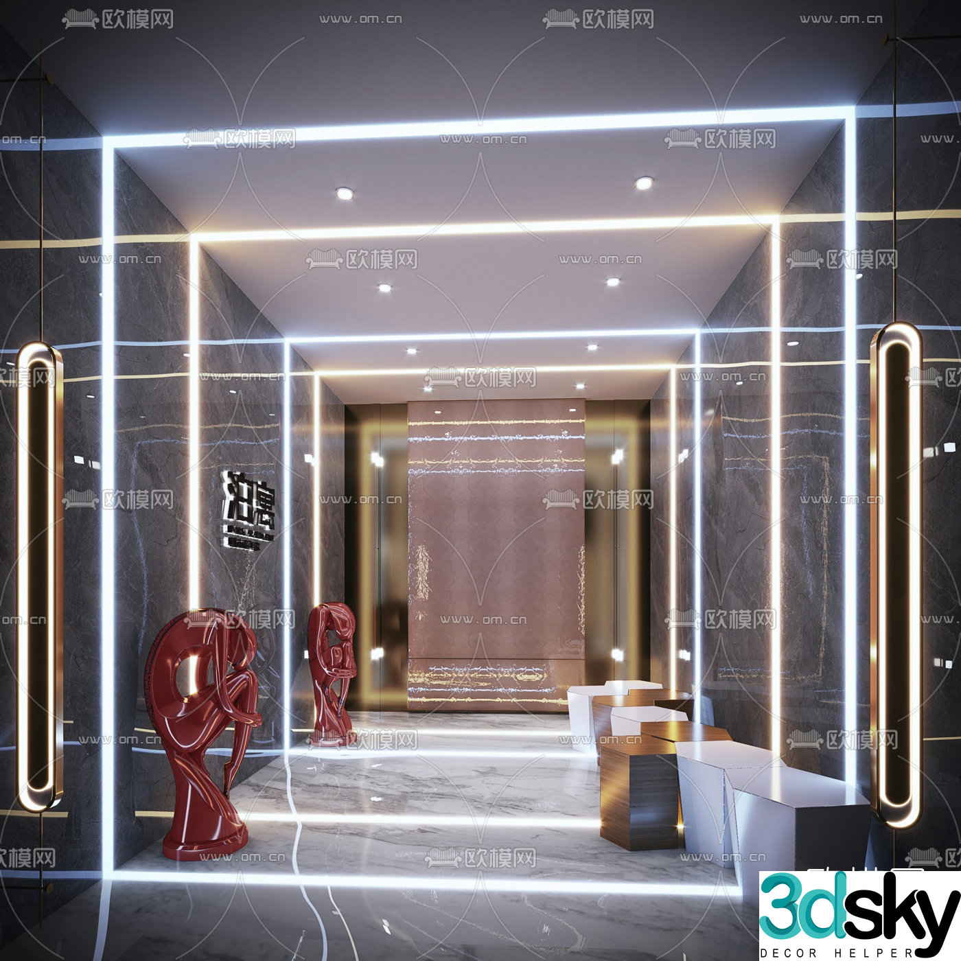Modern club corridor aisle 3d model