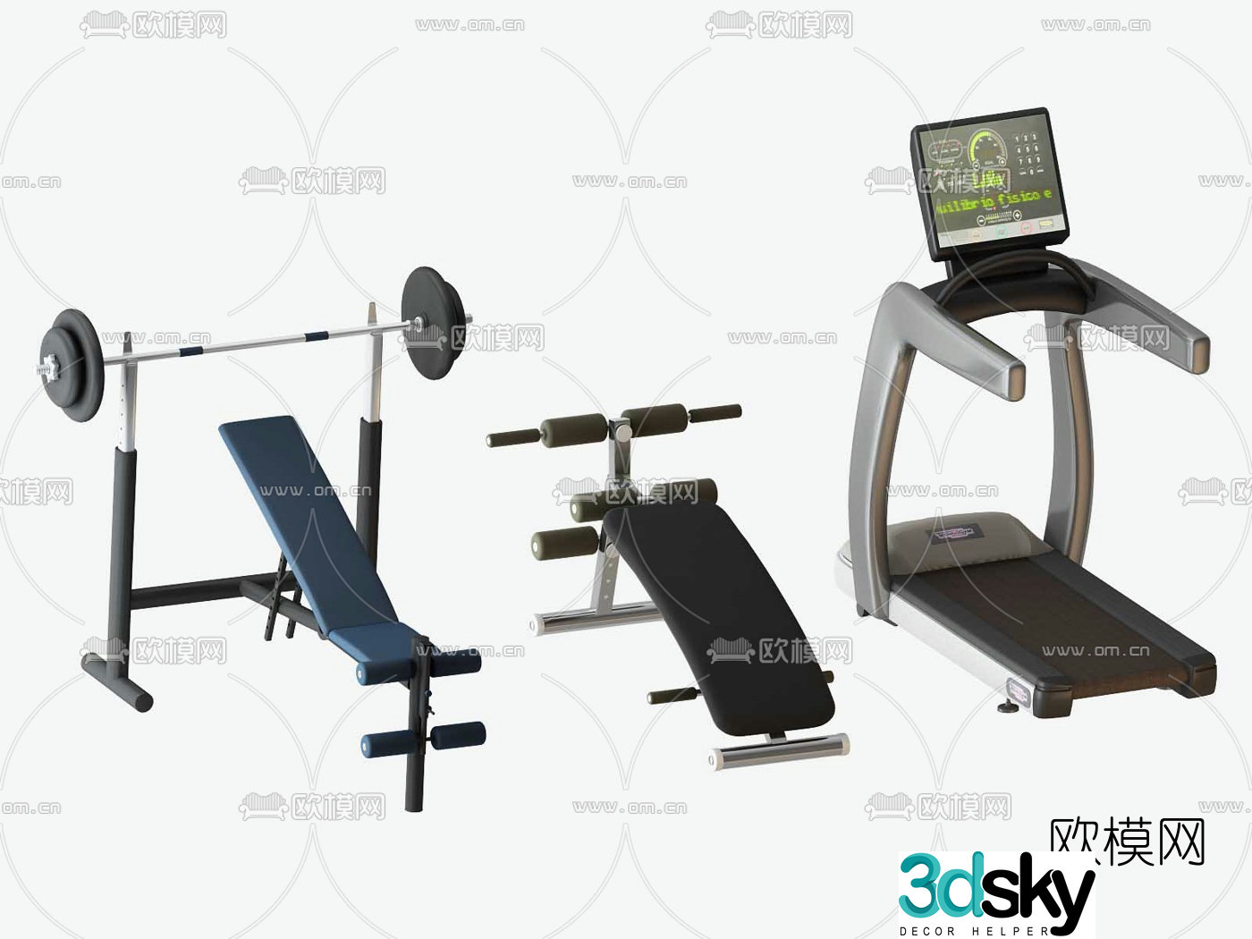 Modern treadmill barbell fitness equipment 3d model