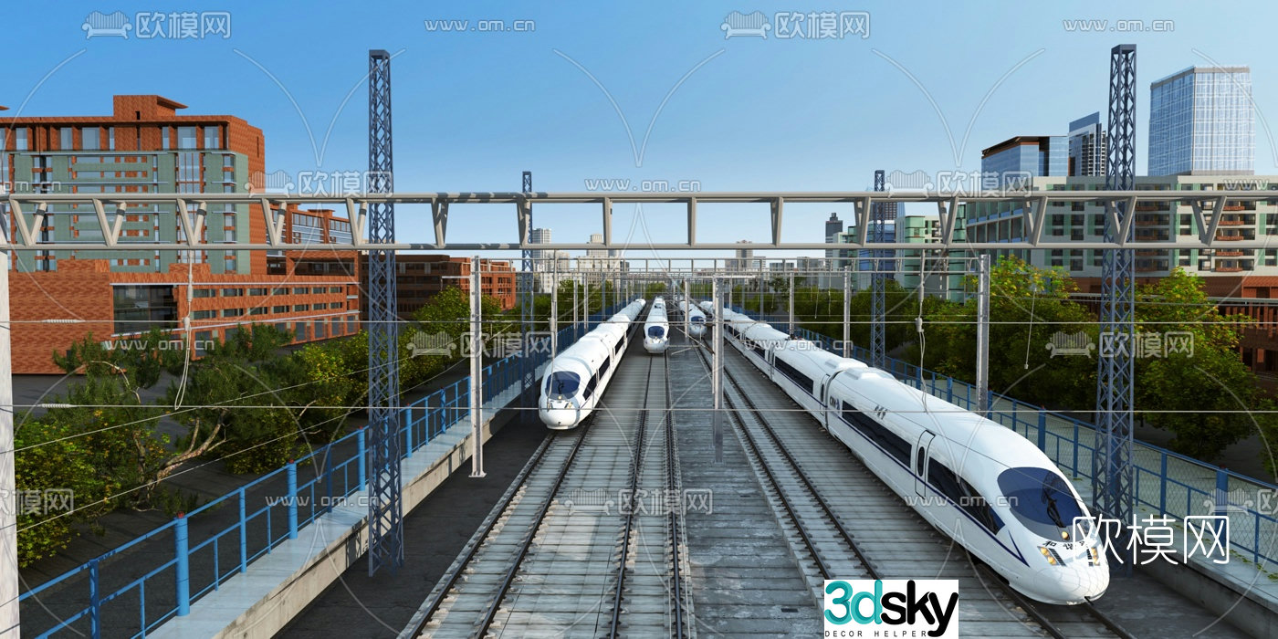 Modern EMU high-speed rail track 3D model