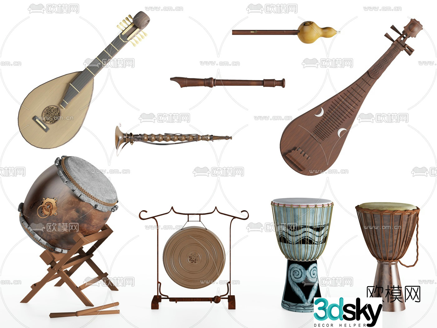 Chinese Pipa and Suona national musical instrument 3D model