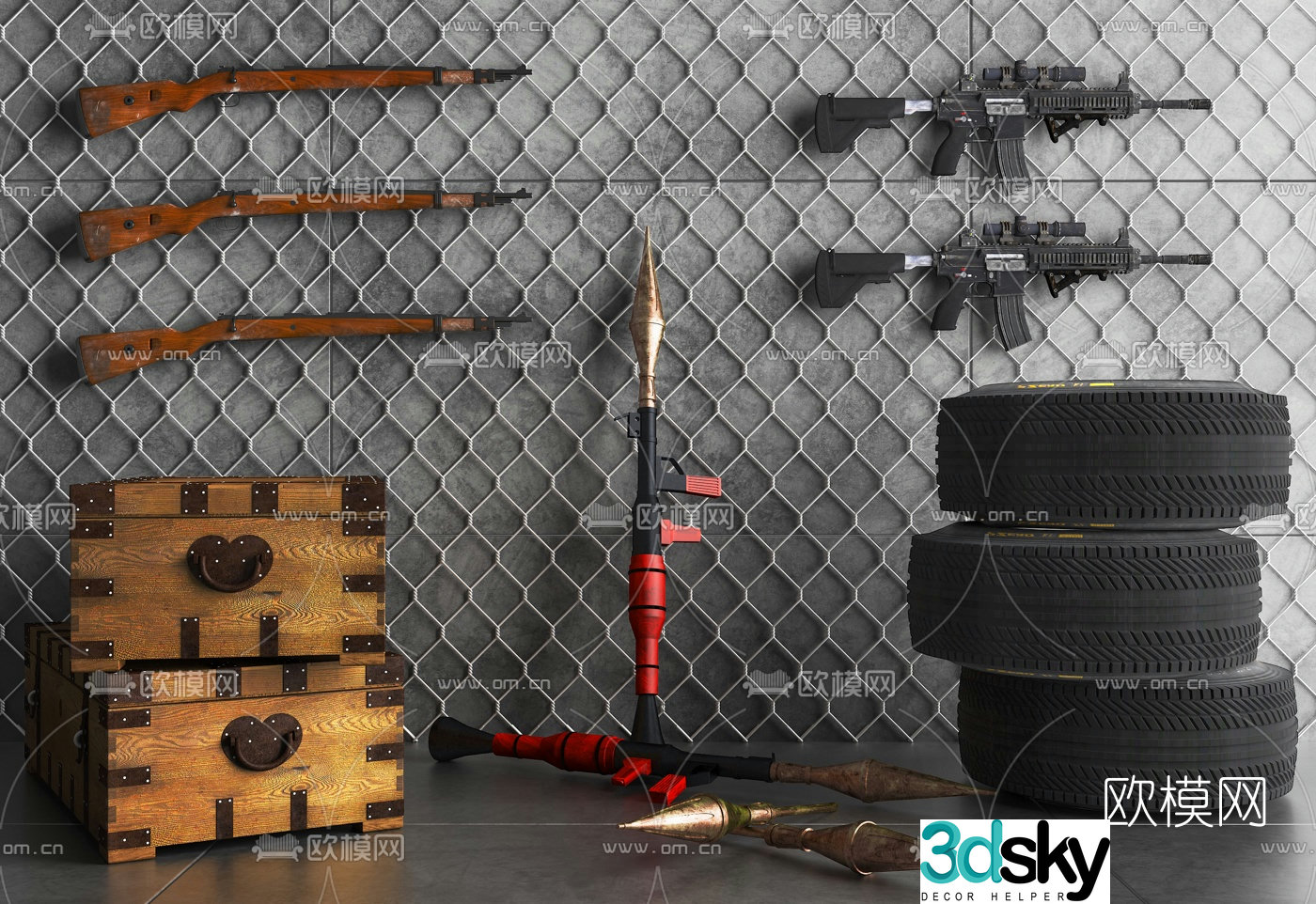 Modern gun bazooka ordnance box tire 3d model