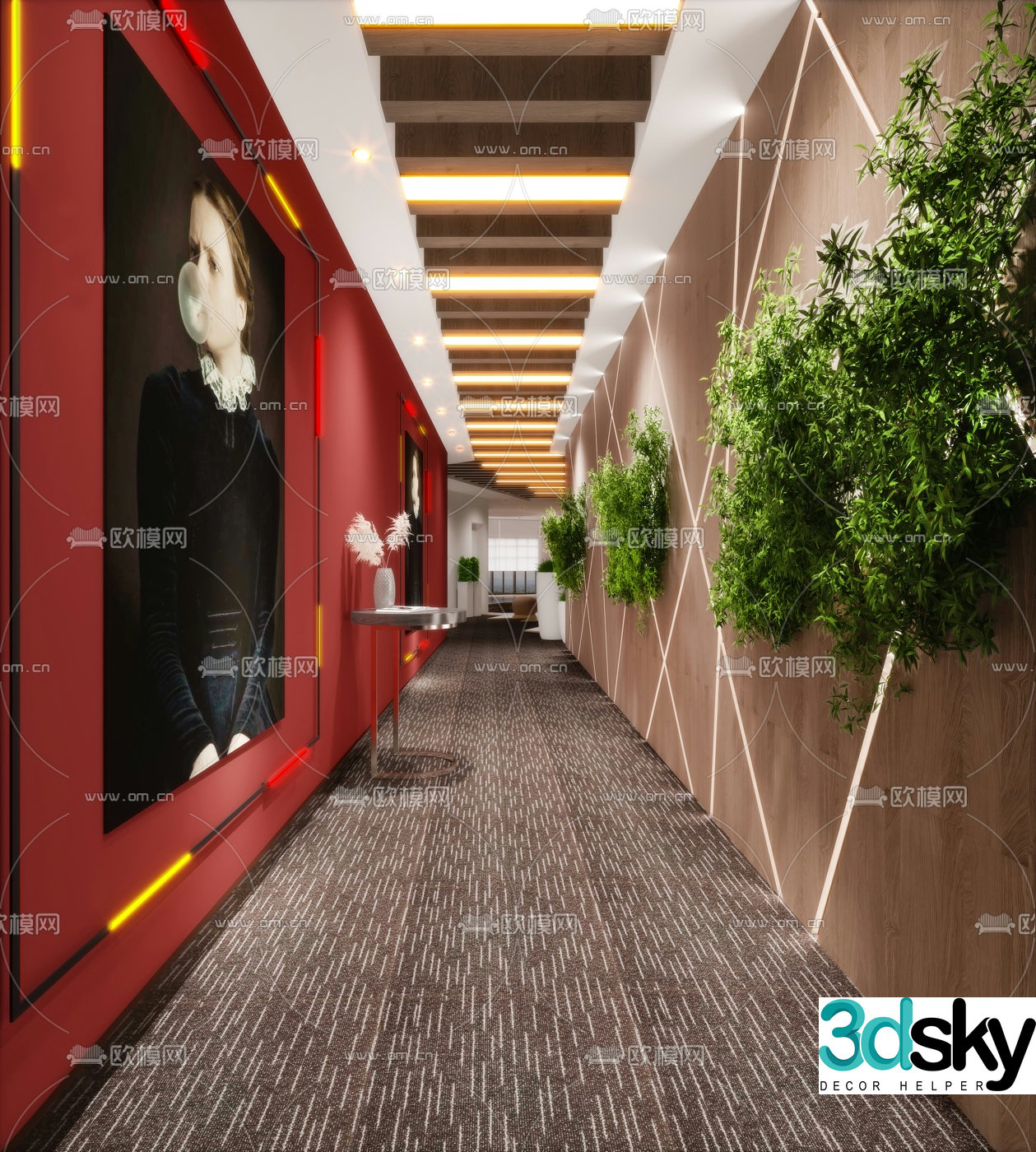 Modern light luxury hotel corridor 3D model