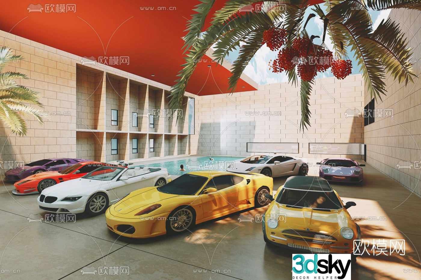 Modern villa swimming pool sports car 3d model