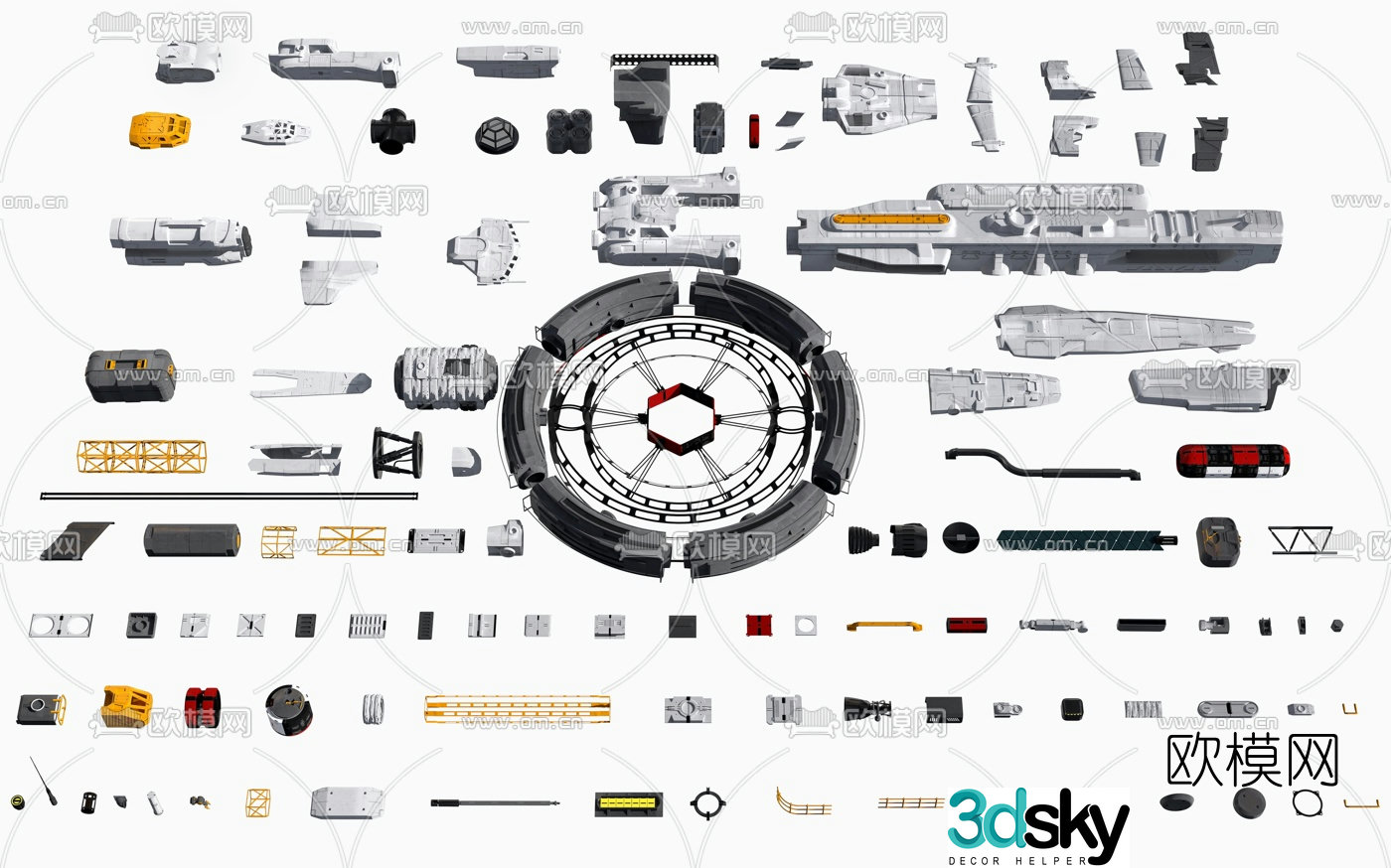 Modern futuristic sci-fi spaceship parts 3d model