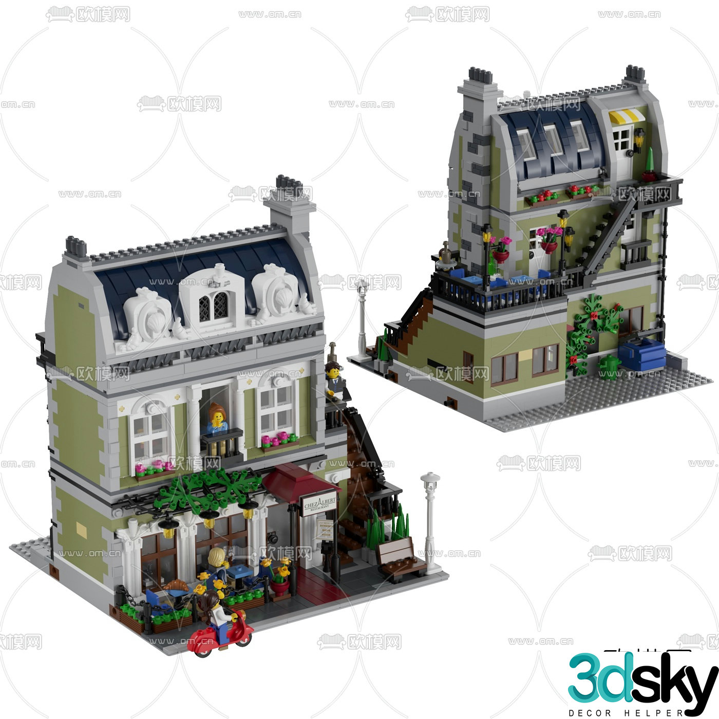 Modern street view paris restaurant building blocks toy 3d model