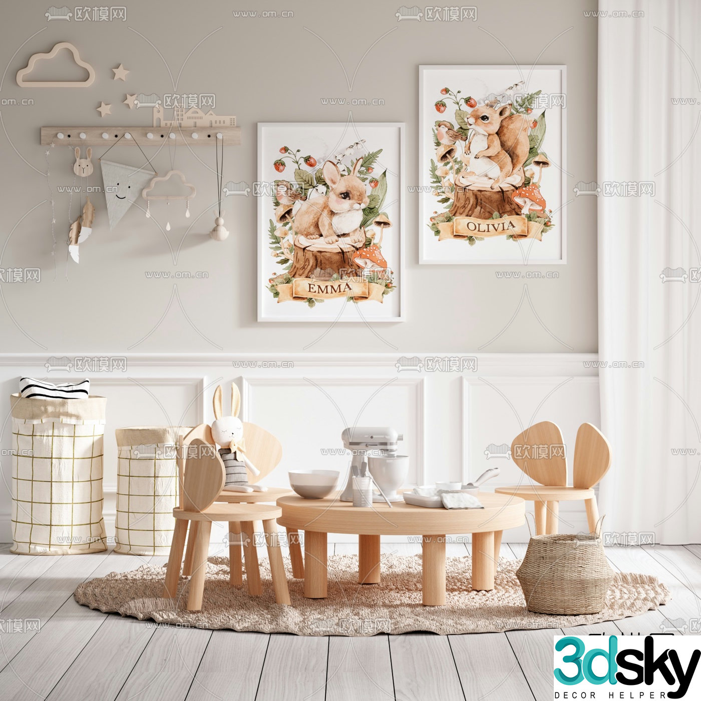 Nordic log children’s table and chair 3d model